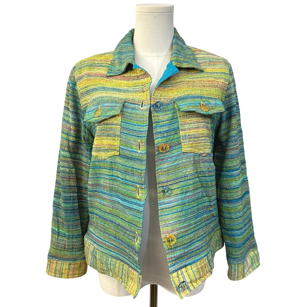 Art to Wear Woven Jacket PM Colorful Jewel Button Boho